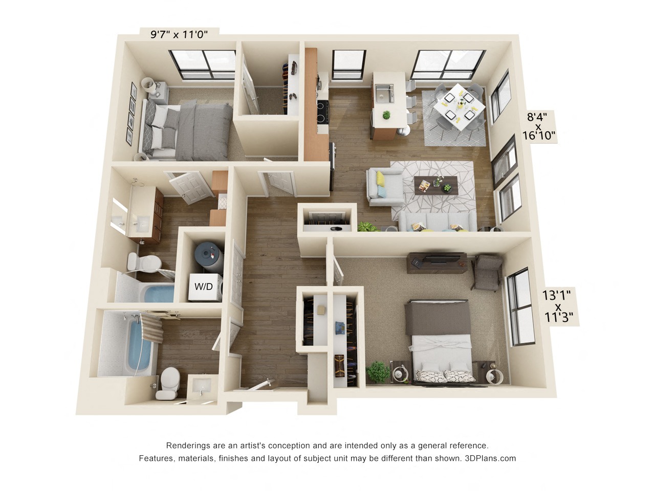 Floor plan for 2 beds, 2 baths, 932 sqft